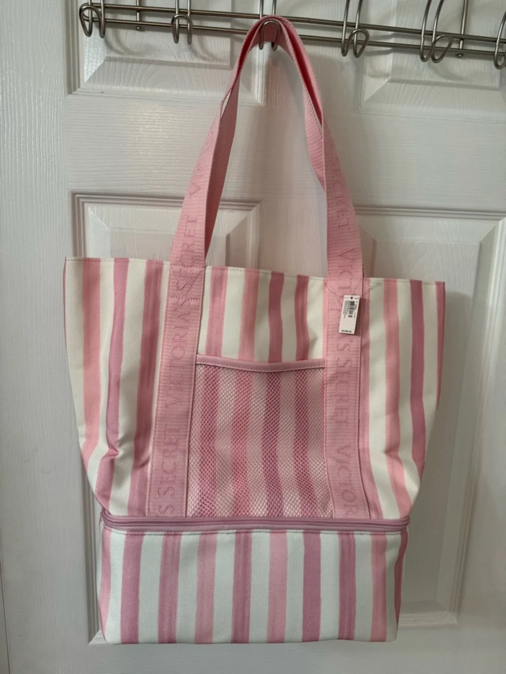 NWT Victoria's Secret Pink & White Striped Canvas Tote cooler on bottom half - Picture 2 of 6